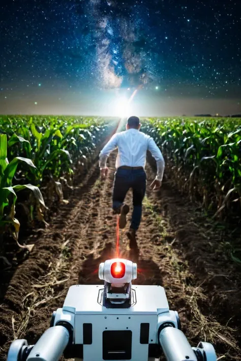 the point of view from the back of a robot's head close-up shooting laser beams on a person in the background ADDBASE 
night sky ADDROW 
a corn field, far away in the background, a small full body clothed man on the background, back view from his back, he is running from laser beams ADDROW 
the point of view from the back of a robot's head close-up shooting laser beams on a corn field <lora:HeadPOV_from_behind_vk1-000018:0.85>