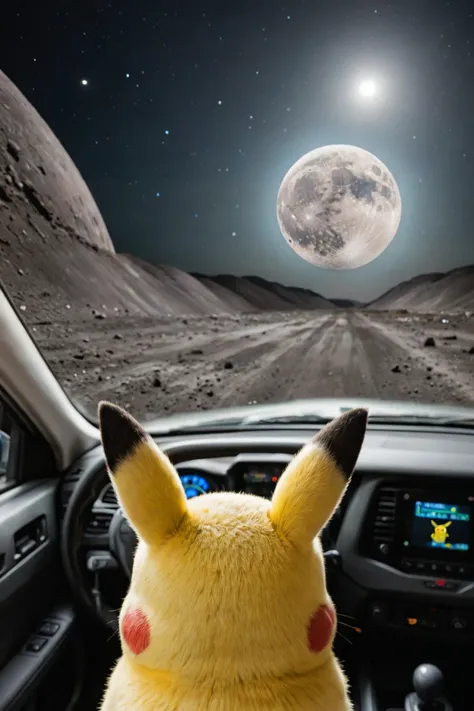 a photo shot in the point of view from the back of a pikachu's head close-up, a car is in front, a car on the background, on surface of the moon<lora:HeadPOV_from_behind_vk1-000018:0.85>