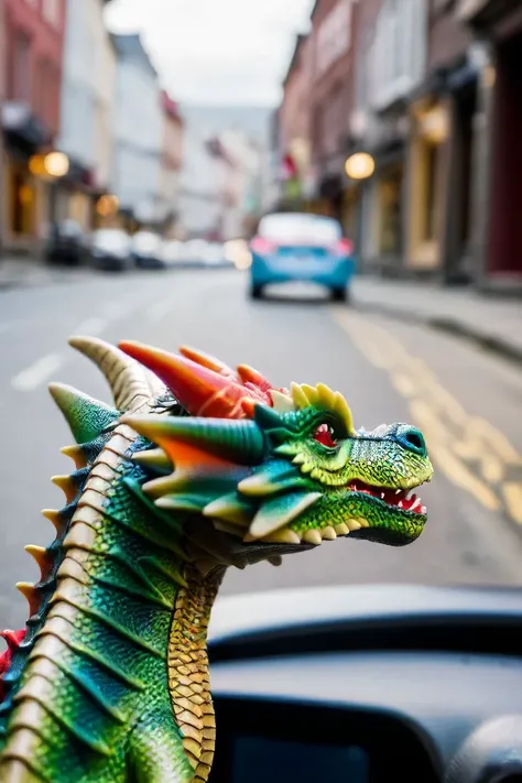 a photo shot in the point of view from the back of a toy dragon's head close-up on the lower side of the shot cropped, a car is right in front of it in the background, on a city street, natural lighting, 4k, high quality, Fujifilm XT3 <lora:HeadPOV_from_behind_vk1-000018:0.85>