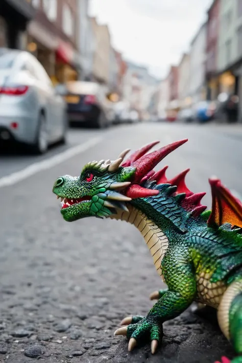 a photo shot in the point of view from the back of a toy dragon's head close-up on the lower side of the shot cropped, toy dragon on the ground with a car is right in front of it in the background, on a city street, natural lighting, 4k, high quality, Fujifilm XT3 <lora:HeadPOV_from_behind_vk1-000018:0.85>