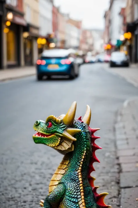 a photo shot in the point of view from the back of a toy dragon's head close-up on the lower side of the shot cropped, on the ground with a car is right in front of it in the background, on a city street, natural lighting, 4k, high quality, Fujifilm XT3 <lora:HeadPOV_from_behind_vk1-000018:0.85>