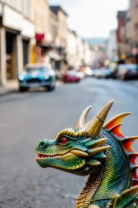 a photo shot in the point of view from the back of a toy dragon's head close-up on the lower side of the shot cropped, on the ground with a car is right in front of it in the background, on a city street, natural lighting, 4k, high quality, Fujifilm XT3 <lora:HeadPOV_from_behind_vk1-000018:0.85>