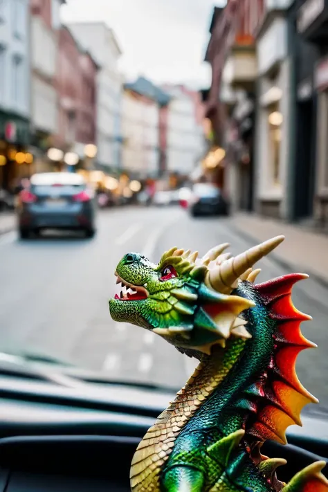 a photo shot in the point of view from the back of a toy dragon's head close-up on the lower side of the shot cropped, a car is right in front of it in the background, on a city street, natural lighting, 4k, high quality, Fujifilm XT3 <lora:HeadPOV_from_behind_vk1-000018:0.85>