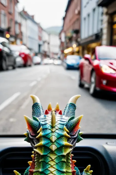 a photo shot in the point of view from the back of a toy dragon's head close-up on the lower side of the shot cropped, a car is right in front of it in the background, on a city street, natural lighting, 4k, high quality, Fujifilm XT3 <lora:HeadPOV_from_behind_vk1-000018:0.85>