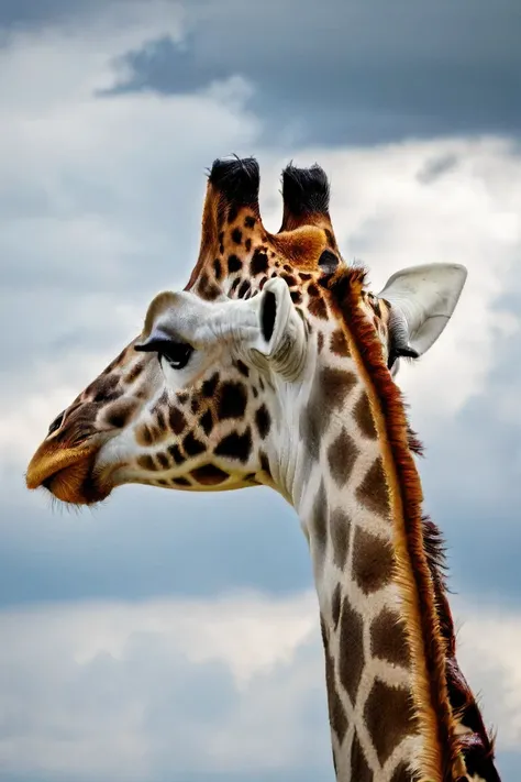 a photo shot in the point of view from the back of a a giraffe's head close-up on the lower side of the shot, cropped, showing a big fluffy cloud sky above <lora:HeadPOV_from_behind_vk1-000018:0.85>, natural lighting, 4k, high quality, Fujifilm XT3