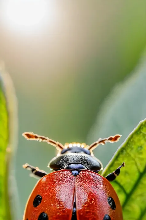 a photo shot in the point of view from the back of a a ladybug's head antenas close-up on the lower side of the shot, the background is a giant leaf macro-shot, sun rays <lora:HeadPOV_from_behind_vk1-000018:0.85>, natural lighting, 4k, high quality, Fujifilm XT3