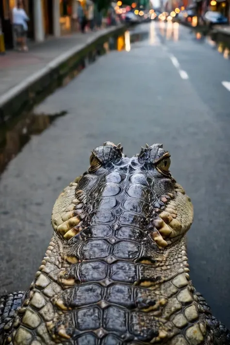 a photo shot in the point of view from the back of a a alligator's head close-up on the lower side of the shot, cropped, showing a big city street above <lora:HeadPOV_from_behind_vk1-000018:0.85>, natural lighting, 4k, high quality, Fujifilm XT3