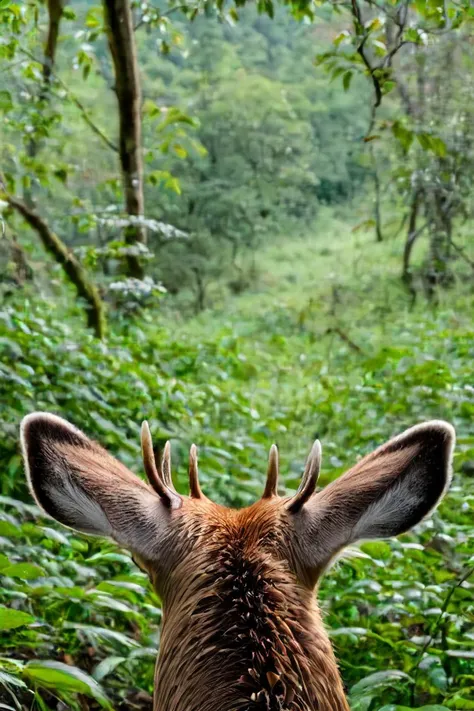 a photo shot in the point of view from the back of a Deer's head, ears, pov, close-up on the lower corner, on a sunny dense Amazon forrest full of leaves, grass and plants, <lora:HeadPOV_from_behind_vk1-000018:0.85>, natural lighting, 4k, high quality, Fujifilm XT3
