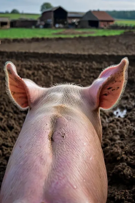 a photo shot in the (point of view from the back:1.3) of a pig's head close-up on the lower side, ears, head, a muddy farm background, <lora:HeadPOV_from_behind_vk1-000018:0.85>, natural lighting, 4k, high quality, Fujifilm XT3