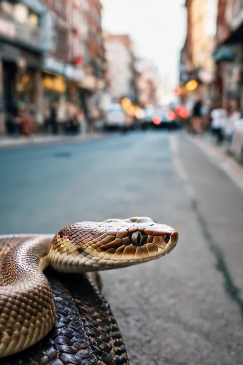 a photo shot in the point of view from the back of a a snake's head close-up on the lower side of the shot, cropped, showing a big city street above <lora:HeadPOV_from_behind_vk1-000018:0.85>, natural lighting, 4k, high quality, Fujifilm XT3