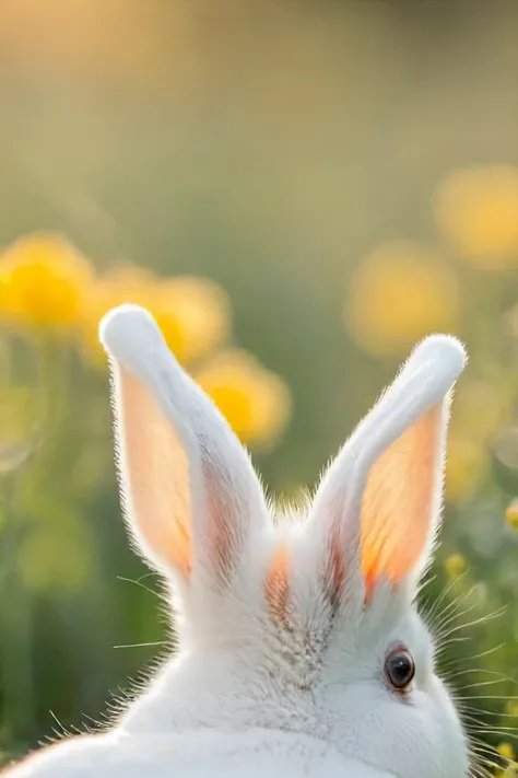 a photo shot in the point of view from the back of a a white bunny's head cute ears close-up on the lower side of the shot, the background is a field of yellow flowers, sun rays <lora:HeadPOV_from_behind_vk1-000018:0.85>, natural lighting, 4k, high quality, Fujifilm XT3