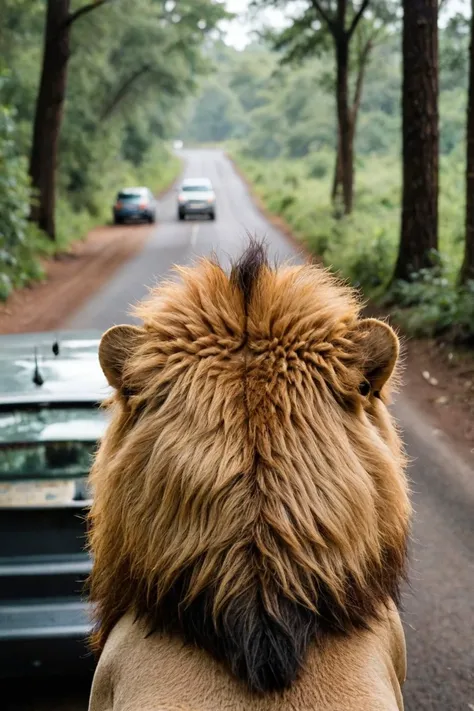 a photo shot in the point of view from the back of a golden lion's head close-up, a car is right in front of it in the background, on a forrest <lora:HeadPOV_from_behind_vk1-000018:0.85>