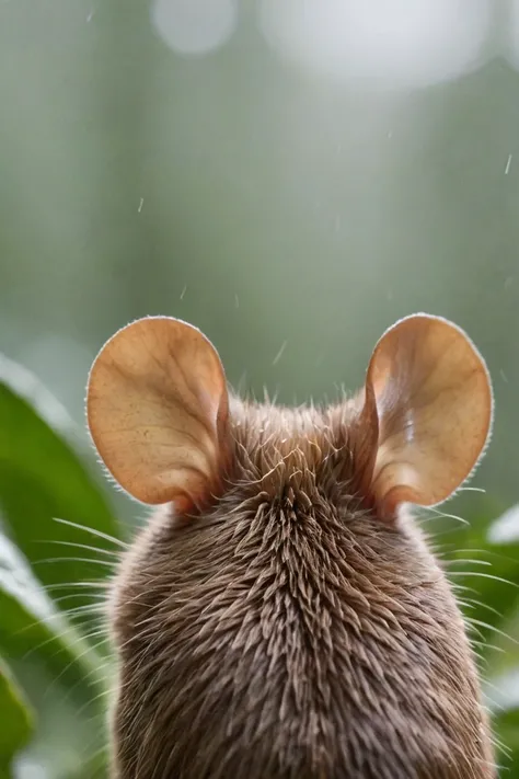 a photo shot in the point of view from the back of a mouse's head close-up, on a rainy jungle <lora:HeadPOV_from_behind_vk1-000018:0.85>