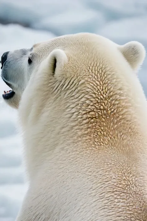 a photo shot in the point of view from the back of a a polar bear's head close-up on the lower side of the shot, cropped, showing a big rodeo above <lora:HeadPOV_from_behind_vk1-000018:0.85>, natural lighting, 4k, high quality, Fujifilm XT3