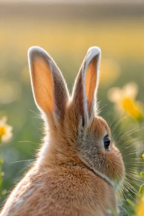 a photo shot in the point of view from the back of a a bunny's head cute ears close-up on the lower side of the shot, the background is a field of yellow flowers, sun rays <lora:HeadPOV_from_behind_vk1-000018:0.85>, natural lighting, 4k, high quality, Fujifilm XT3