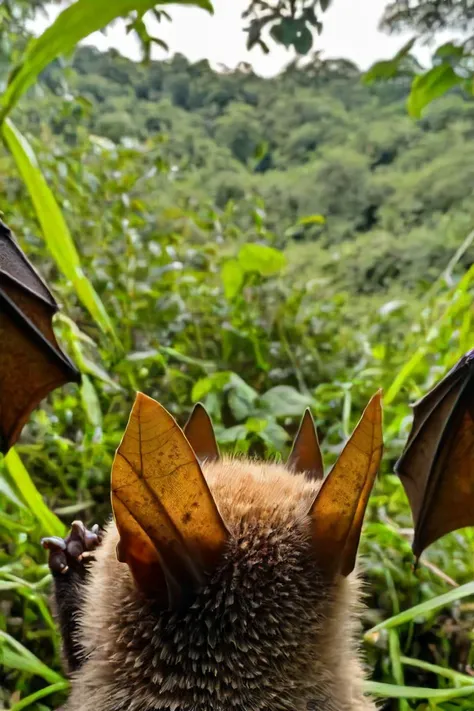 a photo shot in the point of view from the back of a Bat's head, pov, close-up on the lower corner, on a sunny dense Amazon forrest full of leaves, grass and plants, flowers <lora:HeadPOV_from_behind_vk1-000018:0.8>, natural lighting, 4k, high quality, Fujifilm XT3