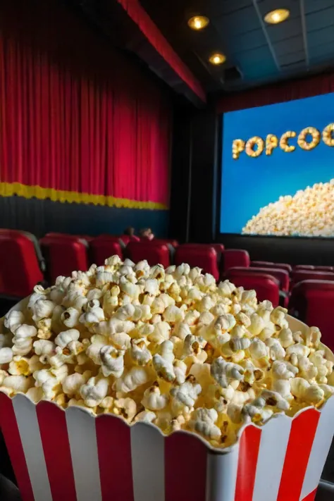 <lora:HeadPOV_from_behind_vk1-000018:0.85> shot in the point of view from the back of a popcorn box lower in the corner of the shot, inside the movie theater, big screen above, 4k, high quality, Fujifilm XT3