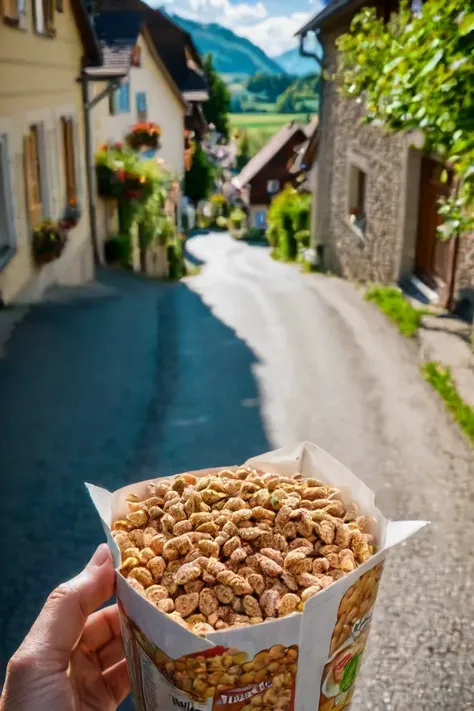 <lora:HeadPOV_from_behind_vk1-000018:0.85> shot in the point of view from the back of a cereal box on the street of a sunny village on Switzerland, natural lighting, 4k, high quality, Fujifilm XT3