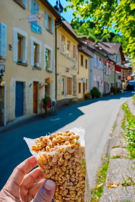 <lora:HeadPOV_from_behind_vk1-000018:0.85> shot in the point of view from the back of a cereal box on the street of a sunny village on Switzerland, natural lighting, 4k, high quality, Fujifilm XT3