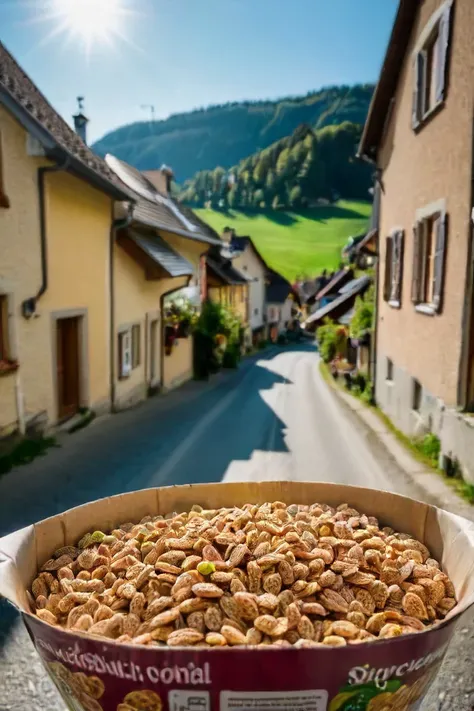 <lora:HeadPOV_from_behind_vk1-000018:0.85> shot in the point of view from the back of a cereal box on the street of a sunny village on Switzerland, natural lighting, 4k, high quality, Fujifilm XT3