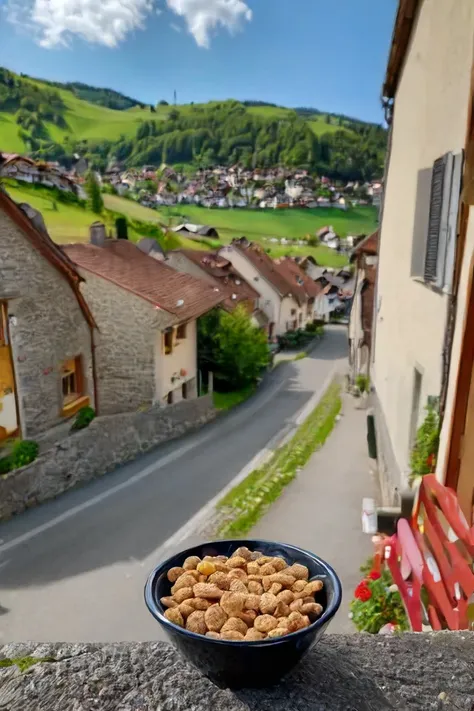 <lora:HeadPOV_from_behind_vk1-000018:0.85> shot in the point of view from the back of a cereal box on the street of a sunny village on Switzerland, natural lighting, 4k, high quality, Fujifilm XT3