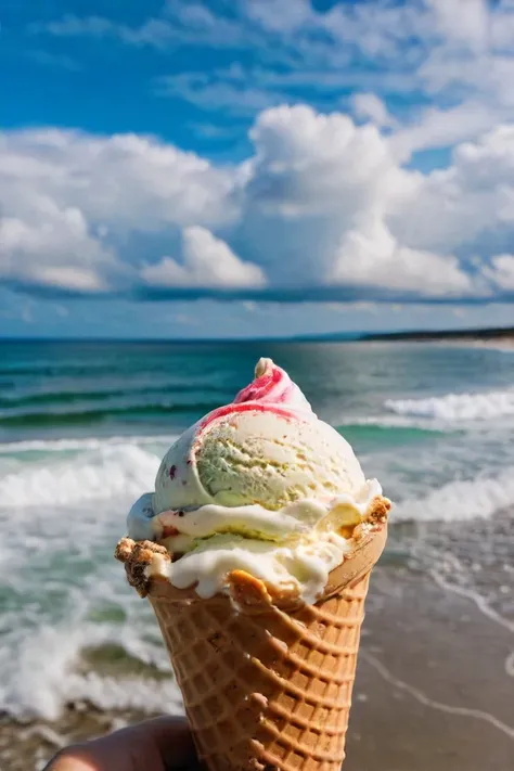 <lora:HeadPOV_from_behind_vk1-000018:0.85> shot in the point of view from the back of a ice-cream cone, above it in the background is a beach with a big ocean, clouds in the sky, sunlight, 4k, high quality, Fujifilm XT3