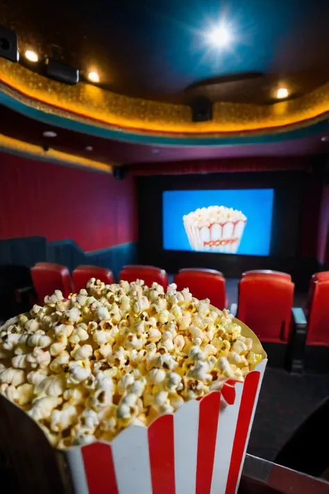 <lora:HeadPOV_from_behind_vk1-000018:0.85> shot in the point of view from the back of a popcorn box lower in the corner of the shot, inside the movie theater, big screen above, 4k, high quality, Fujifilm XT3