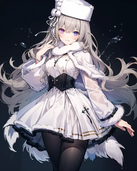 1girl,solo,large breasts, fur hat, coat,white_dress,black pantyhose, heterochromia, fur capelet, murmanskorigin,light smile, cross necklace,purple eyes,  <lora:Murmansk[murmanskorigin,fur_hat,coat,white_dress,black_pantyhose,cross_necklace][murmanskgown,nightgown,hair_ribbon]:1>