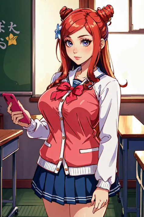 (masterpiece, best quality, ultra detailed, absurdres)1.5, 1girl, (sexy, beautiful woman, perfect face, perfect eyes, perfect female body, huge breasts)1.5, (mgcm iroha, mgcm school uniform, long hair, red hair, star hair ornament, hair bun, swept bangs, pink jacket, long sleeves, bowtie, blue skirt, socks, star print, sneakers, holding smartphone, <lora:MGCM_iroha:0.7>), (standing, indoors, Japanese classroom), perfect lighting, smooth, hdr