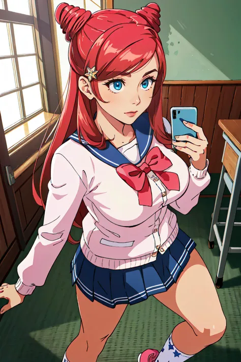 (masterpiece, best quality, ultra detailed, absurdres)1.5, 1girl, (sexy, beautiful woman, perfect face, perfect eyes, perfect female body, huge breasts)1.5, (mgcm iroha, mgcm school uniform, long hair, red hair, star hair ornament, hair bun, swept bangs, pink jacket, long sleeves, bowtie, blue skirt, socks, star print, sneakers, holding smartphone, <lora:MGCM_iroha:0.7>), (standing, indoors, Japanese classroom), perfect lighting, smooth, hdr