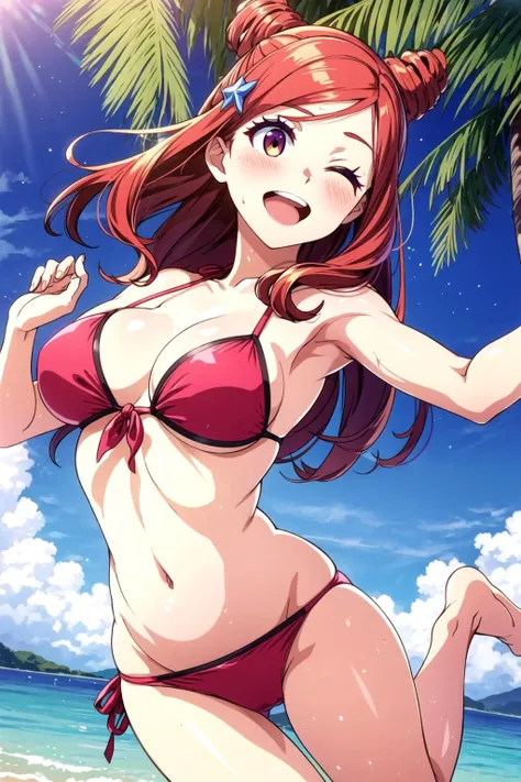 MGCM iroha, long hair, red hair, star hair ornament, hair bun, swept bangs, <lora:MGCM_iroha_ep15:0.7>, BREAK medium breasts, anmnr, <lora:anmnr01:0.17>, (wearing side-tie bikini bottom), (pink bikini: 1.2), beautiful, masterpiece, 8K resolution, extremely detailed face, 1girl, Beautiful woman, 20 years old, eye highlights, smile, eyes closed, open mouth, blush, BREAK (jumping:1.2), (raise both arms:1.1), floating, bathing, In the water, BREAK anime background, sandy beach, blue sea, clear sea, coral reef, gentle sunlight, warm sunlight, tropical country, distant island, palm tree, <lora:flat2-dim1:-0.5>