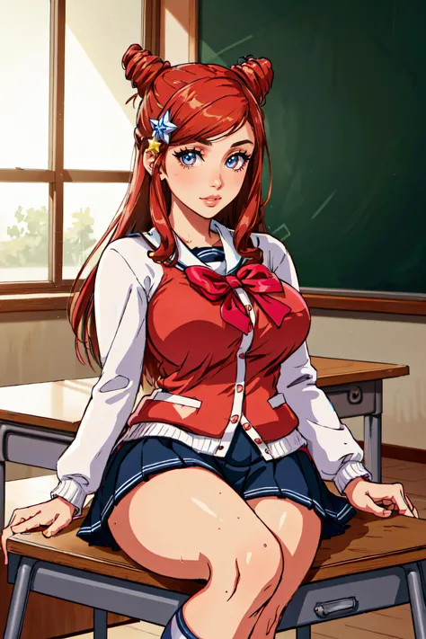 Twintail, red haired, 1girl, (grey eyes1.2), well toned, well built, muscled, toned muscles, (masterpiece), best quality, highres, solo, ribbon, white ribbon, hair ribbon, brown jacket, jacket, long sleeves, smiling, indoors, classroom background, standing, looking at the viewer, (ddlc school uniform:1.5), (showing sweating ????? pussy:1.5)、 sitting, spread legs unbuttoned uniform, lingerie, visible bra, lifted skirt, sweating, blushing, aroused, luquid dripping from her vagina, exhaling steamy air, touching her pussy