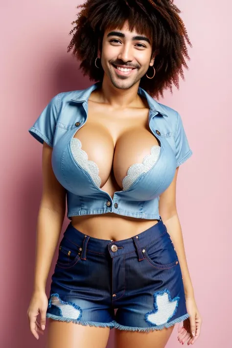 upper body photo of 36yo skinny man, manb00b, denim shorts, medium breast, cleavage, short hair, detailed skin, lifelike eyes <lora:manb00b:0.8>