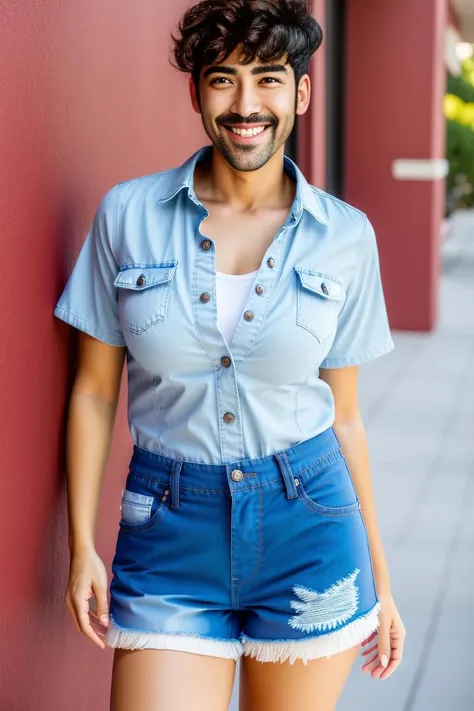 upper body photo of 36yo skinny man, manb00b, denim shorts, medium breast, short hair, detailed skin, lifelike eyes <lora:manb00b:0.8>