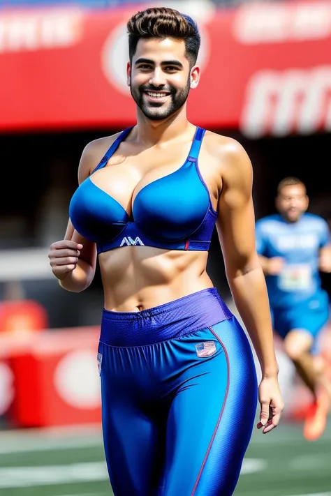 masterpiece (full body photo:1.1) of american 30yo man, manb00b, handsome, stubble, crew cut, big breast, cleavage, sport pants and bra, detailed skin, lifelike eyes, enjoy, smile, running fast in a stadium, action pose, 50mm, analog photo <lora:manb00b:0.9>