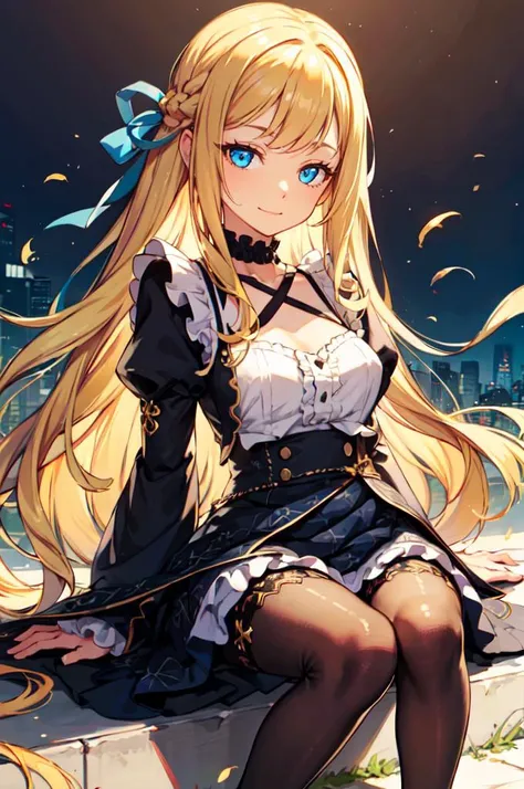 ((Best Quality, 8K, Masterpiece:1.3)), Focus: 1.2, Perfect Body Beauty: 1.4, BREAK 1girl, solo, blonde hair, little smile, blue eyes, Side ponytail, hair scrunchie, hair ornament, blue scrunchie, Swept bangs, big breasts, Extended language, shiny_skin, voluptuous body, 10 heads tall, BREAK Chinoiserie long Dress, black Midi Frill Petticoat, Ribbon Bijoux hairband, Jacquard Separate Pumps, portrait, (perfect anatomy:1.3)