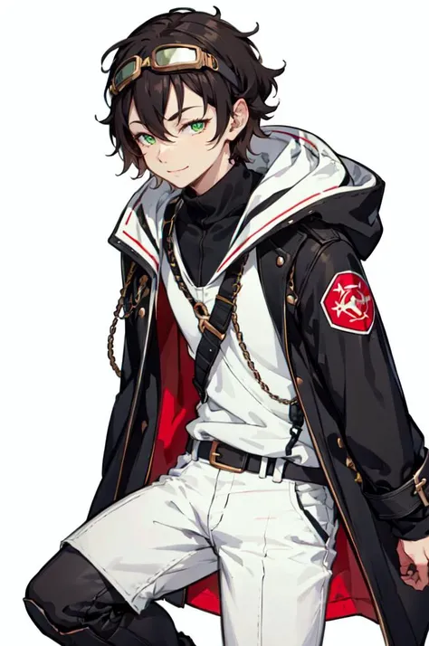 <lora:a:1>, ultra detailed, masterpiece, best quality, aesthetic, detailed,, ultra detailed, masterpiece, best quality, solo, smile, 1boy, green eyes, short hair, black hair, bangs, hair between eyes, messy hair, (goggles on head:1.2),, headband, white coat, hooded coat, hood down, open coat, turtleneck, capri pants, pants, black knee boots,
