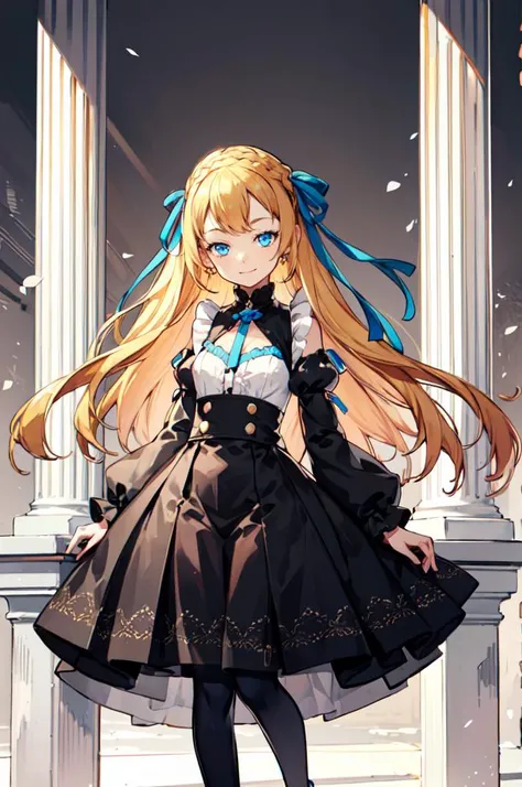 <lora:a:1> white and blue theme, marble \(stone\), column lineup,, ultra detailed, masterpiece, best quality, aesthetic, detailed,, solo, soft smile, light smile,
1girl, blue eyes, very long hair, blonde hair, long blonde hair, french braid, bangs, medium breasts,, hair ribbon, frilled choker, criss-cross halter, sleeveless dress, high-waist skirt, backless dress, waist bow, detached sleeves, frilled sleeves, wide sleeves, pantyhose, patterned legwear, mary janes,