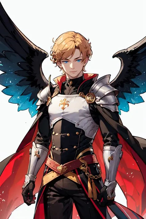 <lora:a:1>, ultra detailed, masterpiece, best quality, aesthetic, detailed,, solo, smile, 1boy, blue eyes, medium blonde hair, parted bangs, hair intakes, male focus, muscular male,, armor, pauldrons, cuirass, gauntlets, waist cape, greaves, black bodysuit, surcoat, shoulder sash, wing shoulder armor, cape, pants,