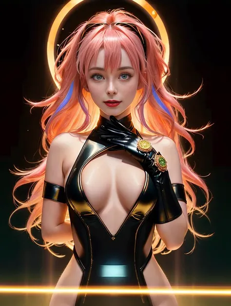 Neon red hair, Gothic battle now, Sun symbol on the skin, sexy vestido de monja negro amarillo, Pechos y escotes grandes