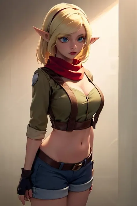 Tess,blonde hair,blue eyes,pointy ears,  solo,  standing,  cowboy shot, 
TeAti, green cropped shirt, denim shorts, midriff ,fingerless gloves,boots, red scarf,
 (insanely detailed, beautiful detailed face, masterpiece, best quality) <lora:Tess-08v3:0.7>