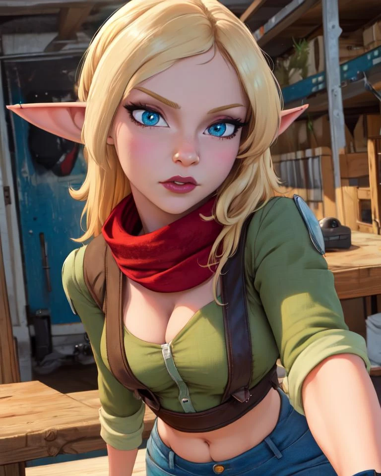 Tess,blonde hair,blue eyes,pointy ears,solo,standing,upper body,
green cropped shirt,denim shorts,midriff,fingerless gloves,boots,red scarf,
gun shop,indoors,science fiction,
(insanely detailed, beautiful detailed face, masterpiece, best quality),<lora:Tess-10JD:0.8>,