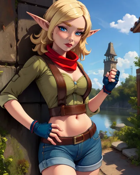 Tess,blonde hair,blue eyes,pointy ears,solo,standing,cowboy shot,
green cropped shirt,denim shorts,midriff,fingerless gloves,boots,red scarf,
fantasy,cloudy sky,
(insanely detailed, beautiful detailed face, masterpiece, best quality),<lora:Tess-10JD:0.8>,
fantasy,cloudy sky,
(insanely detailed, beautiful detailed face, masterpiece, best quality),