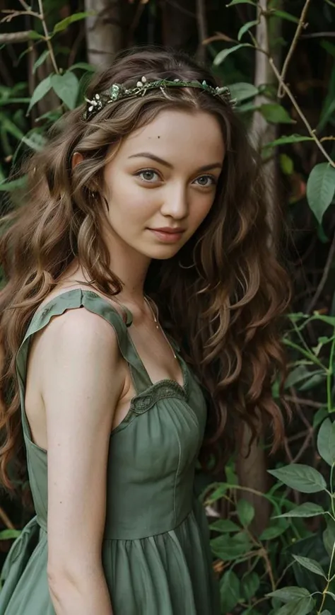 alexiagiordano, serene, mystical forest, green dress, flower headband <lora:alexiagiordano:1>