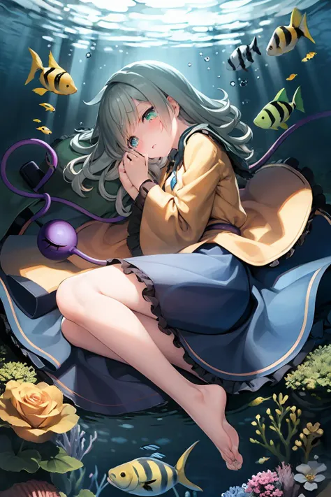 masterpiece, best quality, <lora:KomeijiKoishi:1>,1girl, solo, green eyes, hat removed, headwear removed, barefoot, rose, flower, third eye, blue rose, fish, tears, skirt, green hair, blue flower, underwater, wide sleeves, short hair, long sleeves, lying, long hair, no headwear, eyeball, shirt, on side<lora:style01:1>
