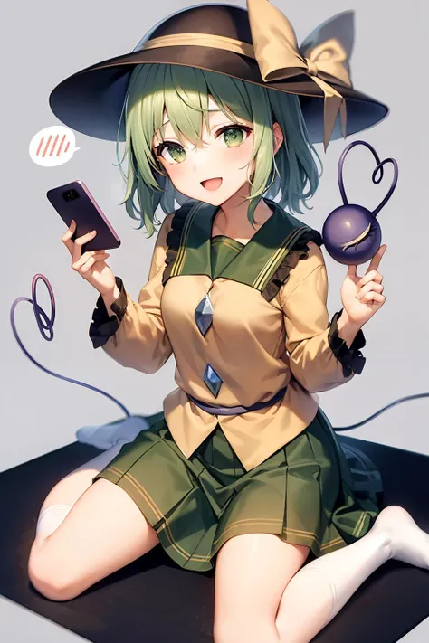 masterpiece, best quality, <lora:KomeijiKoishi:1>,1girl, komeiji koishi, phone, solo, green eyes, hat, skirt, school uniform, yellow bow, bow, cellphone, open mouth, third eye, green hair, socks, !, green skirt, sitting, serafuku, holding phone, long sleeves, smartphone, spoken exclamation mark, smile, blush, wariza, heart of string, heart, hat bow, kneehighs, white socks, alternate costume, holding, black headwear, pleated skirt, sailor collar, no shoes, hair between eyes, short hair, :d, bowtie, full body, shirt, bangs, miniskirt, eyeball, hat ribbon, ribbon
