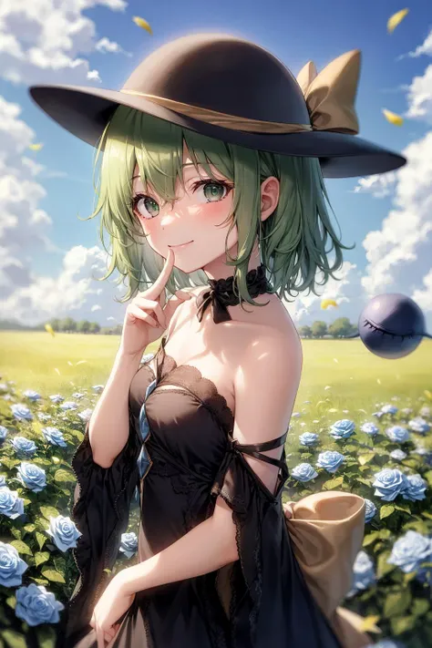 masterpiece, best quality, <lora:KomeijiKoishi:1>,1girl, solo, green eyes, komeiji koishi, hat, green hair, flower, blue flower, blue rose, rose, detached sleeves, short hair, bare shoulders, third eye, breasts, bow, smile, petals, dress, from side, medium breasts, looking at viewer, outdoors, black headwear, long sleeves, frills, cloud, wide sleeves, hat bow, closed mouth, choker, alternate costume, sky, black dress, white bow, blush, bangs, hair between eyes, flower field, finger to mouth, frilled sleeves, hand up, field, strapless, eyeball, white skirt, cloudy sky, hat ribbon, ribbon, strapless dress, detached collar, finger to cheek, adapted costume, standing, cowboy shot, upper body