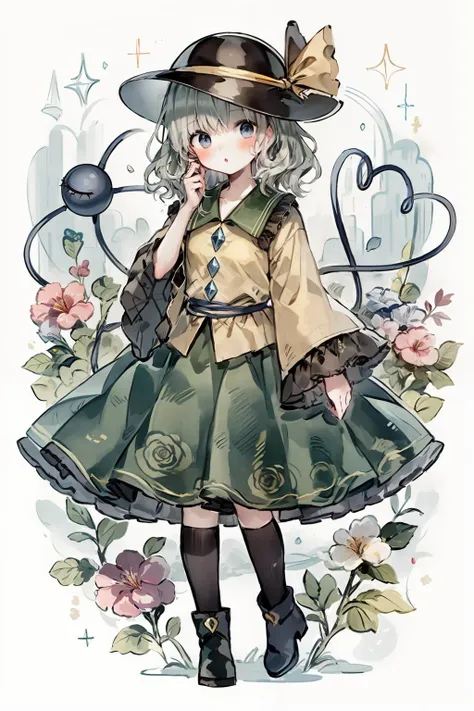 masterpiece, best quality, <lora:KomeijiKoishi:1>,1girl, solo, hat, komeiji koishi, skirt, heart, shirt, thighhighs, green skirt, long sleeves, black thighhighs, ribbon, looking at viewer, wide sleeves, third eye, frills, yellow shirt, hat ribbon, star (symbol), flower, green hair, black headwear, full body, short hair, blue eyes, blush, arm up, :o, frilled sleeves, frilled shirt collar, gradient, green eyes, sparkle, collarbone, gradient background, frilled skirt, hat bow, yellow ribbon, bow, eyeball, floral print, yellow bow, blouse, parted lips, heart of string, bangs, open mouth, blue background, petals, string, boots <lora:0622_watercolor_loha_da16_dim64-000010:0.6>