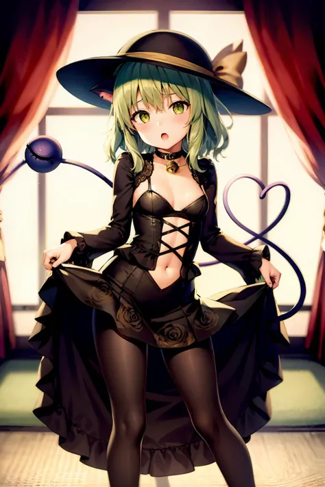 masterpiece, best quality, <lora:KomeijiKoishi:1>,1girl, komeiji koishi, animal ears, hat, tail, green eyes, cat ears, pantyhose, green hair, third eye, cat tail, heart, solo, cat, skirt, black pantyhose, bell, ribbon, kemonomimi mode, wide sleeves, heart of string, navel, kaenbyou rin (cat), long sleeves, kaenbyou rin, short hair, open mouth, looking at viewer, floral print, neck bell, alternate costume, collar, eyeball, jingle bell, hat ribbon, shirt, bow, full body, choker, :o, clothes lift, hat bow, leg ribbon, adapted costume