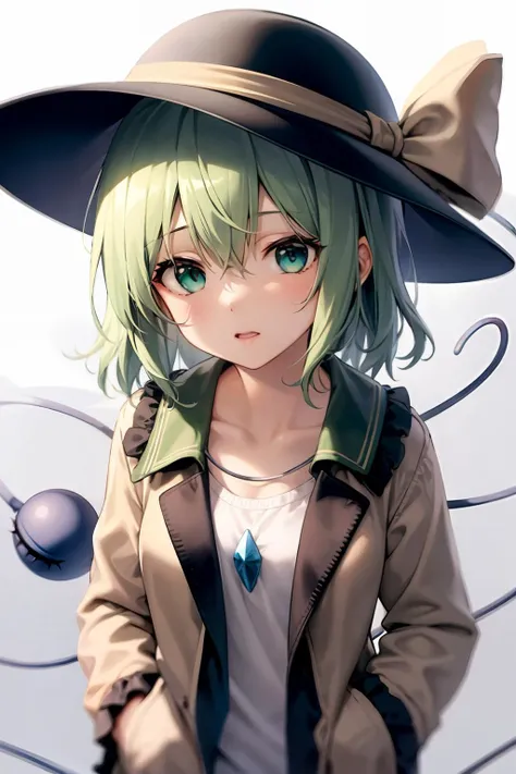 masterpiece, best quality, <lora:KomeijiKoishi:1>,1girl, solo, komeiji koishi, hat, green eyes, looking at viewer, third eye, shirt, upper body, black headwear, ribbon, long sleeves, short hair, jacket, hat ribbon, white shirt, yellow ribbon, bangs, hat bow, open clothes, alternate costume, coat,brown jacket, hand up, green hair, hair between eyes, crystal, open jacket, collarbone, yellow bow, hand in pocket, bow, brown coat, medium hair, aqua hair, eyeball, blue hair, casual,